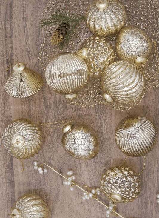 12 Pack "Gold Accents" Ornament Set (Glass)